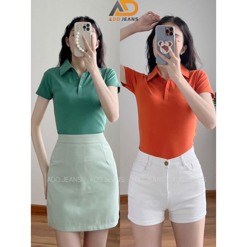 Áo thun Polo nữ ADO JEANS có cổ sơ mi, dáng ôm nhẹ, vải Cotton mềm mịn,chính hãng cao cấp