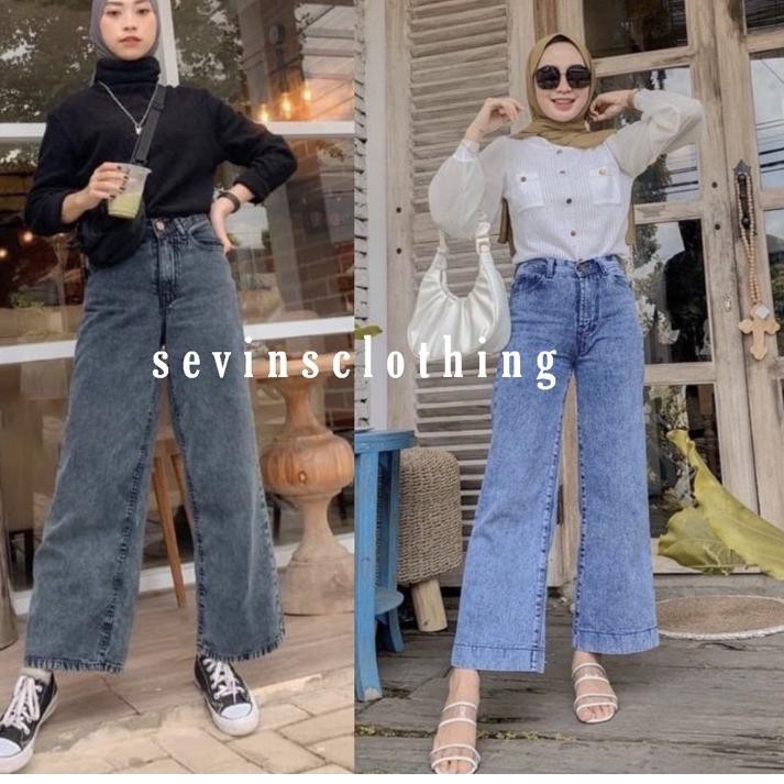 <M8K Sevins - HW Culottes Quần jean kẻ sọc tuyết/đen lưng cao cho nữ