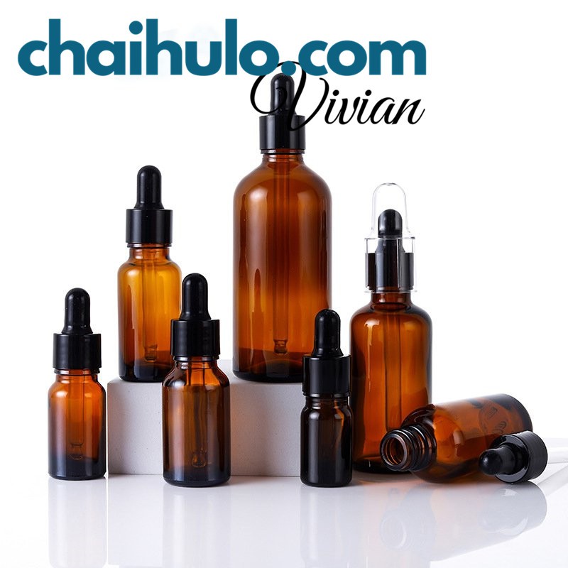 Chai thủy tinh, lọ đựng tinh dầu, serum, dầu dừa, nước hoa thân nâu nắp bóp đen nhỏ giọt đủ mọi dung tích