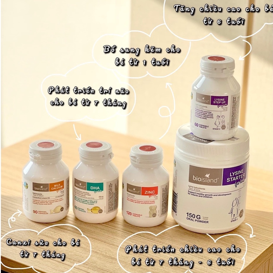 Bio Island Viên Bổ Sung Canxi, DHA, Kẽm Zinc, Lysine Bioisland Úc Cho Bé