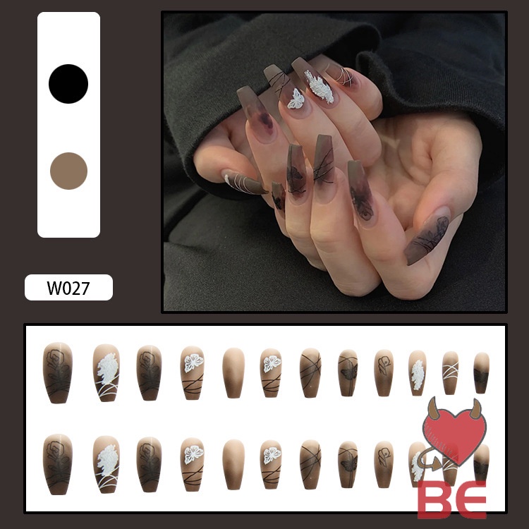YADORNOS Set 24 Móng Tay Giả Màu Trắng Dáng Dài Họa Tiết Bướm Thời Trang