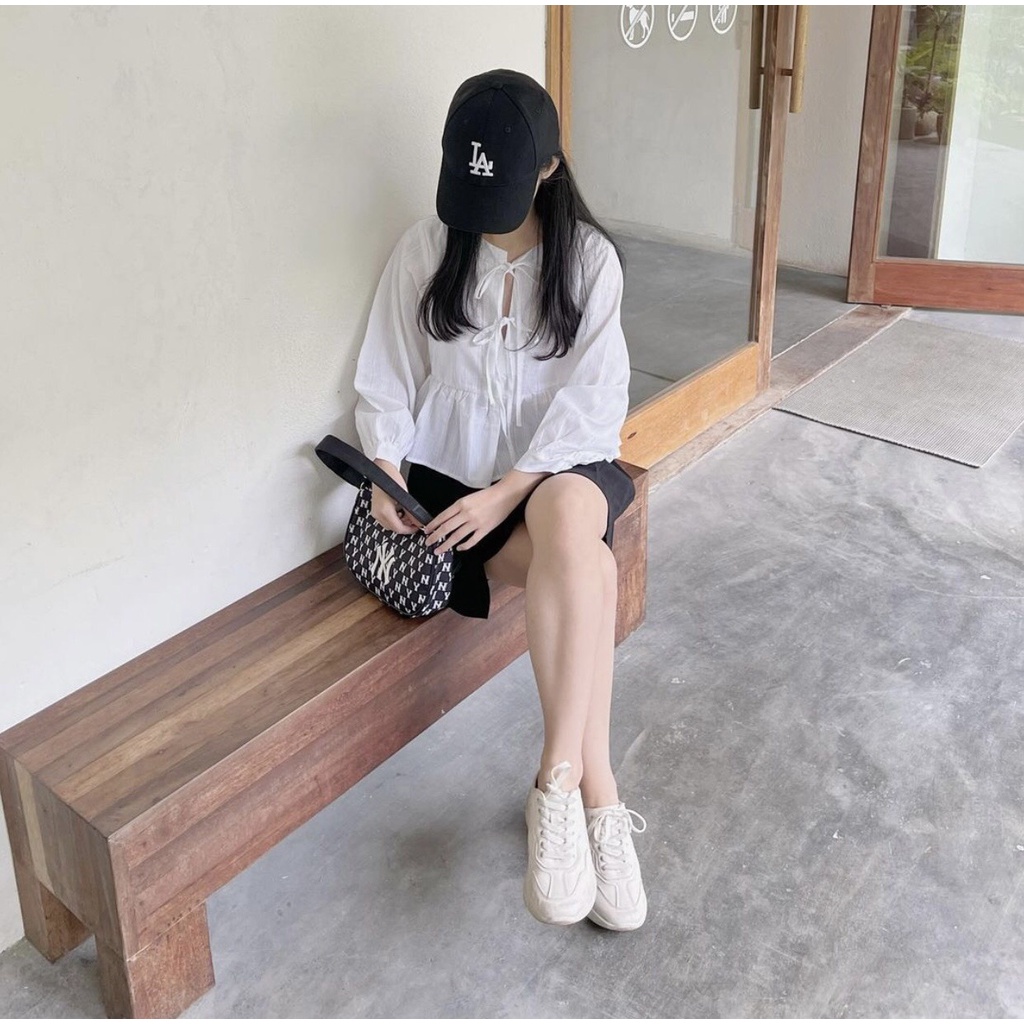 [Ảnh thật/Sẵn] Set áo babydoll dáng ngắn nơ dây mix chân váy xếp ly lệch tà ulzzang