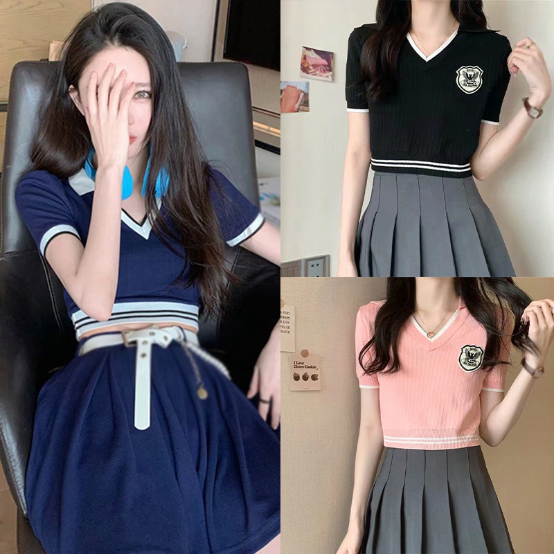 Áo Croptop Dệt Kim Tay Ngắn Cổ Chữ V Thoáng Khí Màu Sắc Thời Trang Phong Cách Hàn Quốc Cho Nữ