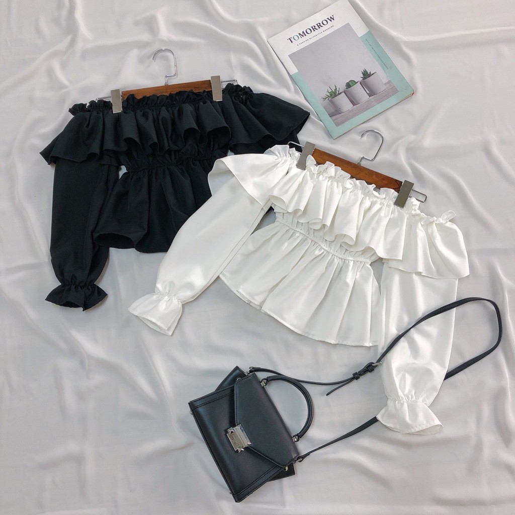 áo trễ vai tầng bèo tay dài xinh chất kate mềm