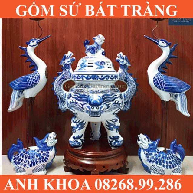 ĐỈNH HẠC SỨ MEN LAM CAO 45 CM - Gốm sứ Bát Tràng Anh Khoa