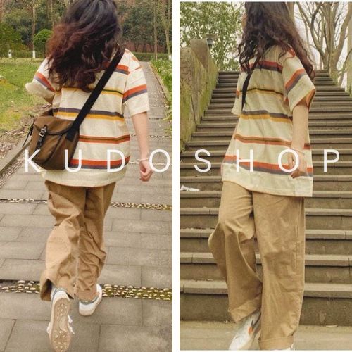 Sét áo thun kẻ form rộng mix quần kaki ống suông ulzzang/ Bộ thụng nữ mặc đi học, đi chơi thời trang Hàn Quốc - kudoshop