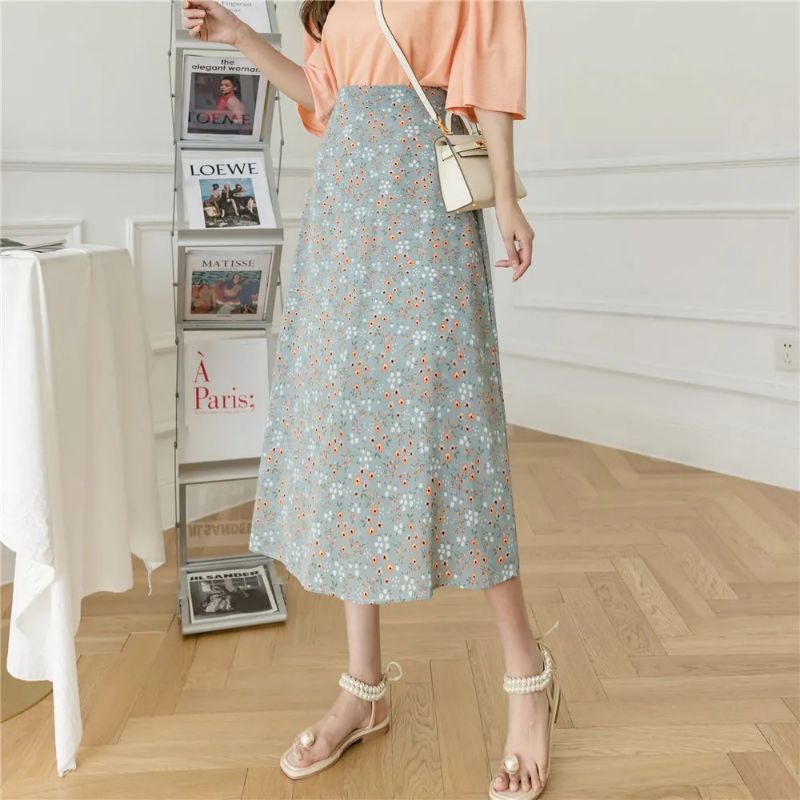 Chân váy hoa nhí midi voan lụa hai lớp lưng chun lót mát