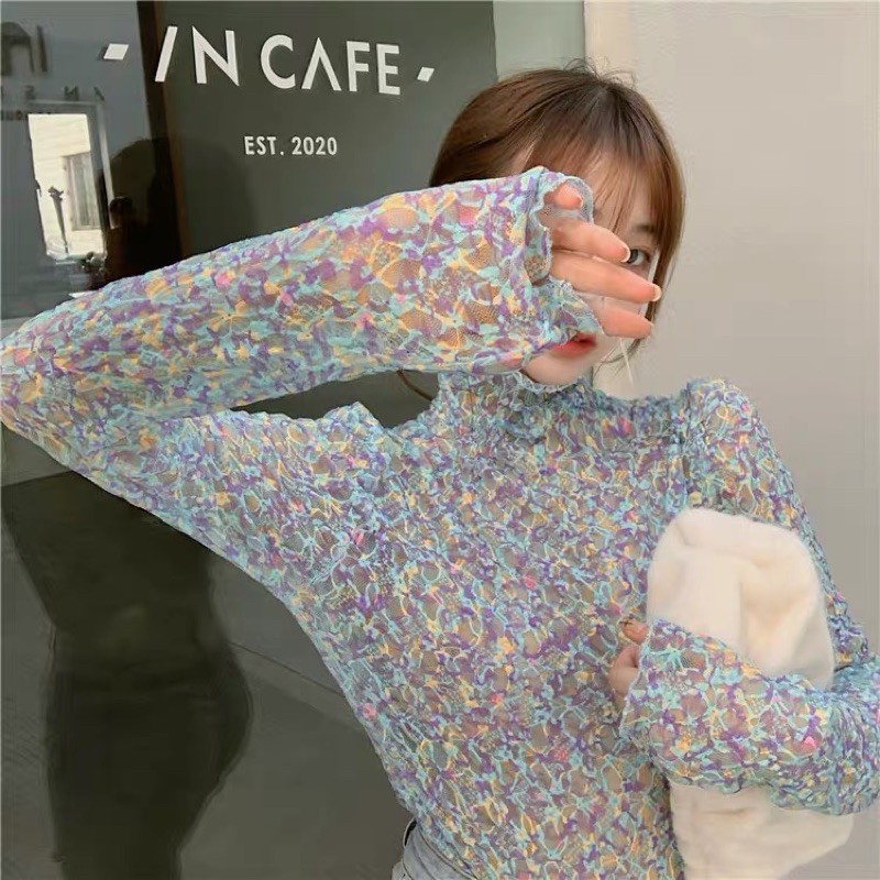 Áo Cổ Lọ Hàn Quốc Hoạ Tiết Hoa Áo Voan Tay Dài Cổ Cao Ullzang
