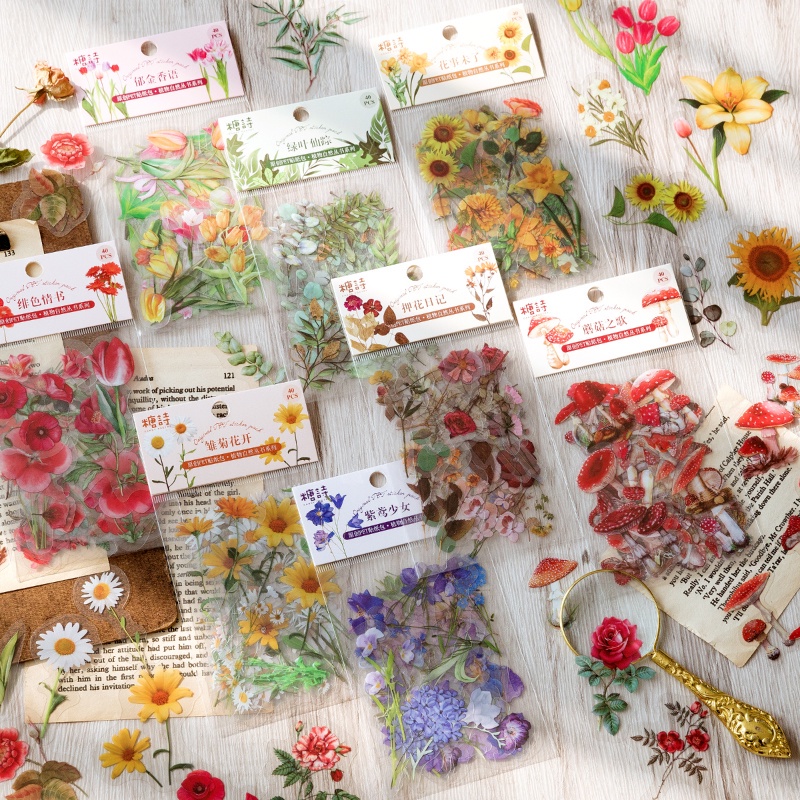 Set 40 Miếng Dán PET Họa Tiết Cây Lá Cổ Điển Trang Trí Sổ Tay/ Album Ảnh