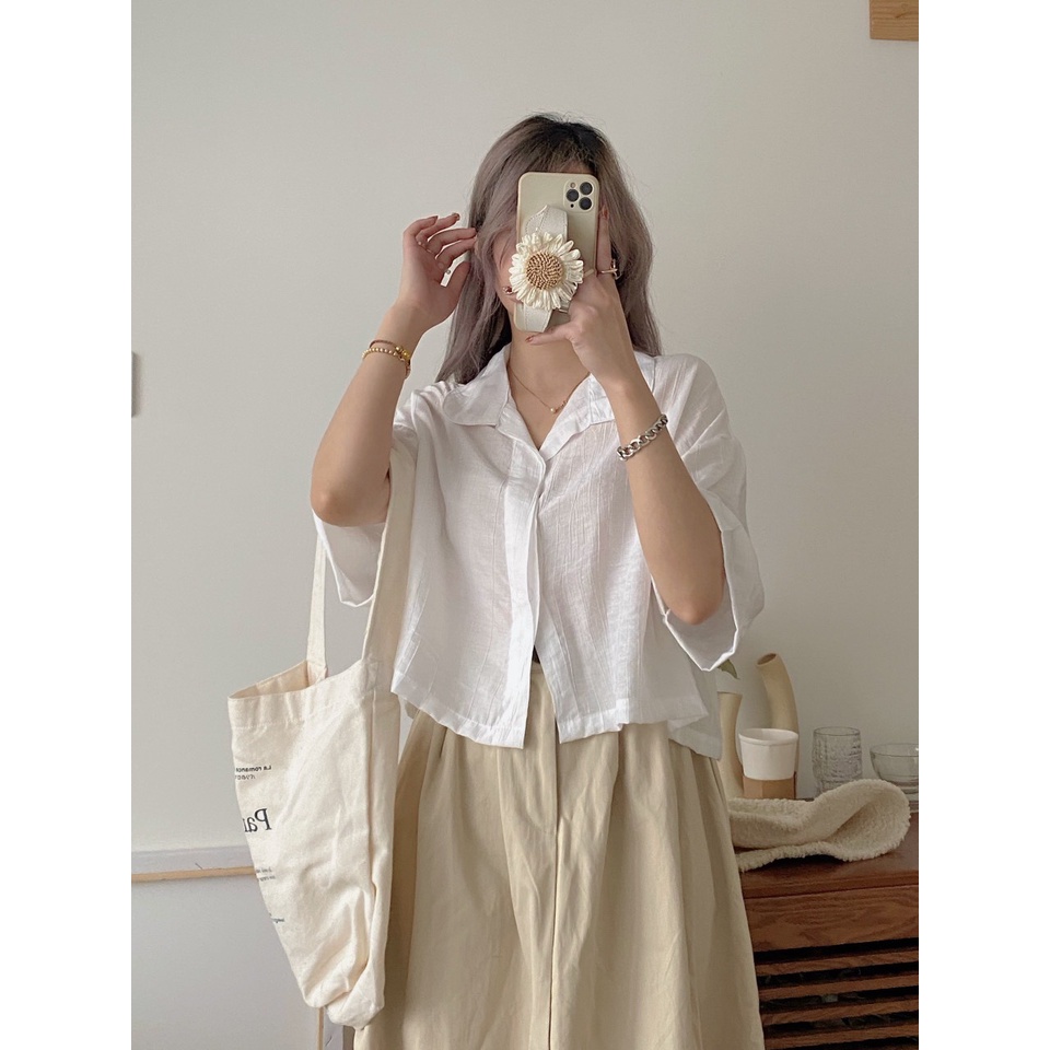 LOVI SHOP Áo sơ mi nữ croptop tay ngắn cổ lá sen form rộng basic