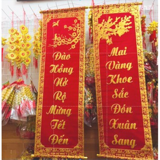 1 đôi câu đối đỏ, liễng trang trí tết 25x80cm in chữ Việt Nam làm từ vải nhung đẹp