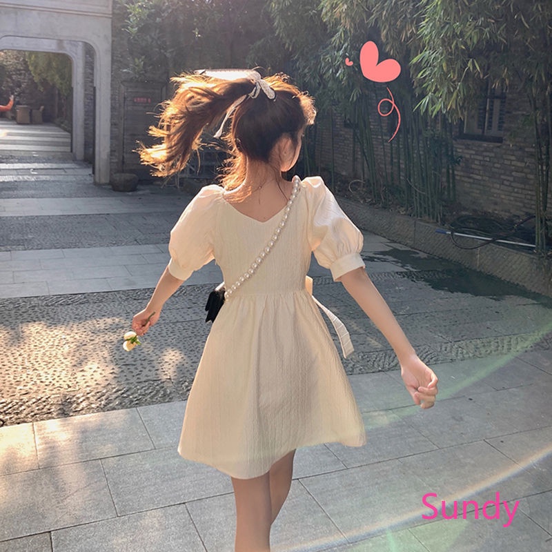 Đầm Tay Phồng Cổ Chữ V Phối Nơ Thời Trang Mùa Hè