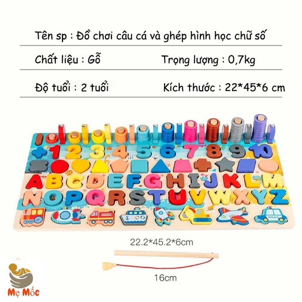 Bộ Bảng Câu Cá Gỗ 7 Trong 1 - Đồ Chơi Ghép Hình 134 Chi Tiết Chữ Số, Chữ Cái, Hình Khối Và Phương Tiện Giao Thông Cho Bé