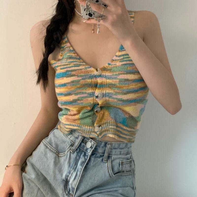 Áo Croptop Dệt Kim Hai Dây Cổ Chữ V Cài Nút Họa Tiết Kẻ Sọc Nhiều Màu Sắc Thời Trang Mùa Hè Quyến Rũ Cho Nữ