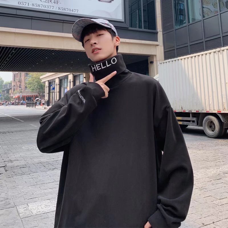 Áo thun tay dài cổ cao dáng rộng thêu hình thời trang xuân thu Hàn cá tính cỡ M-5XL cho nam