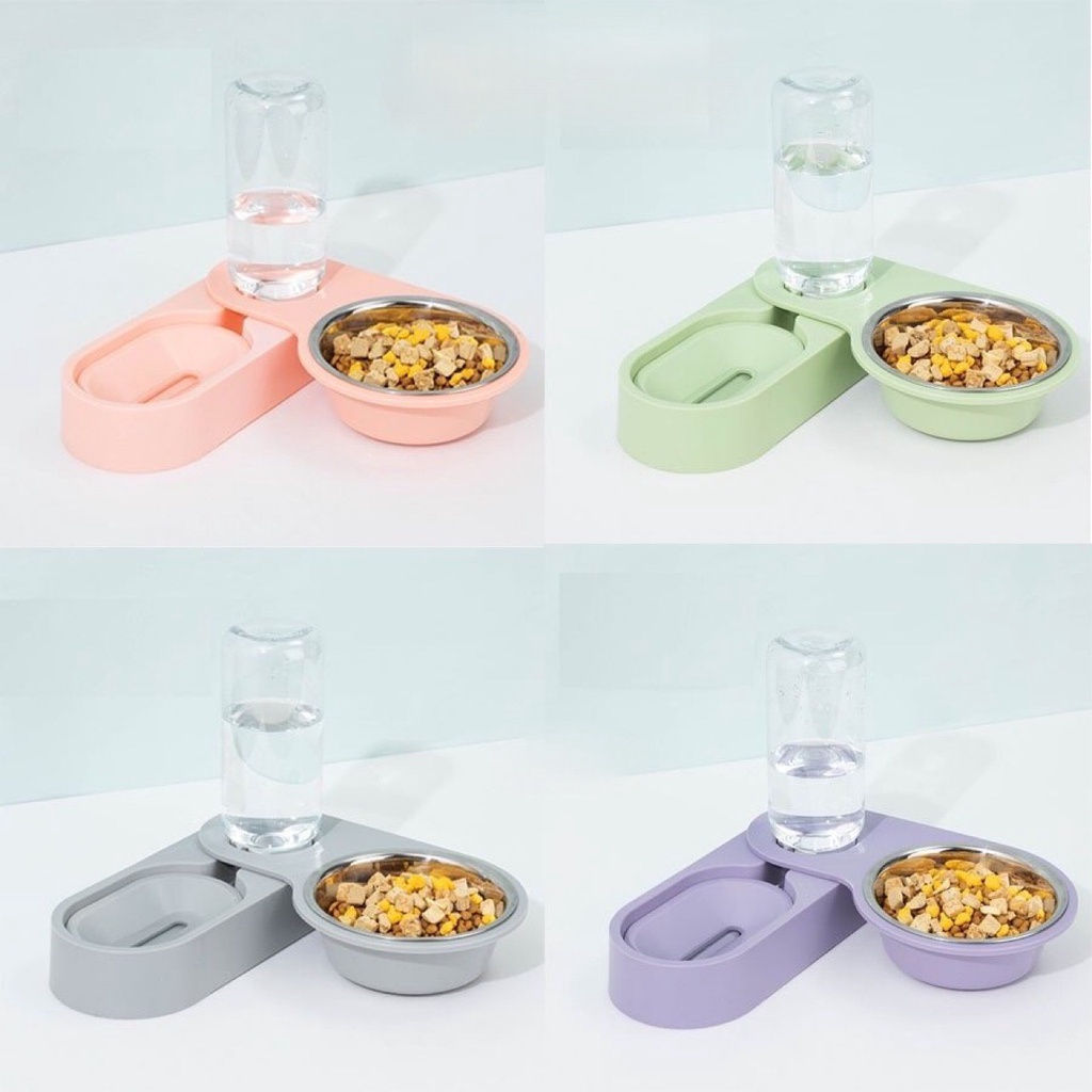 Bộ bát ăn inox kèm bình nước có thể gấp xoay tự động, bát ăn 2 ngăn cho thú cưng