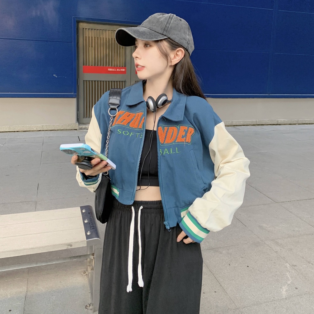 Áo Khoác Lửng Dáng Rộng Màu Sắc retro Phong Cách Mỹ Cho Nữ