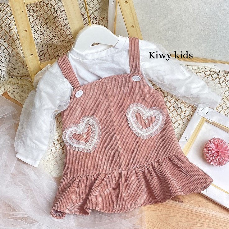 Set váy yếm bé gái KIWY KIDS gồm áo thun và váy rời chất nhung mặc mùa thu đông Kids09-59 cho bé từ 3 tháng đến 5 tuổi