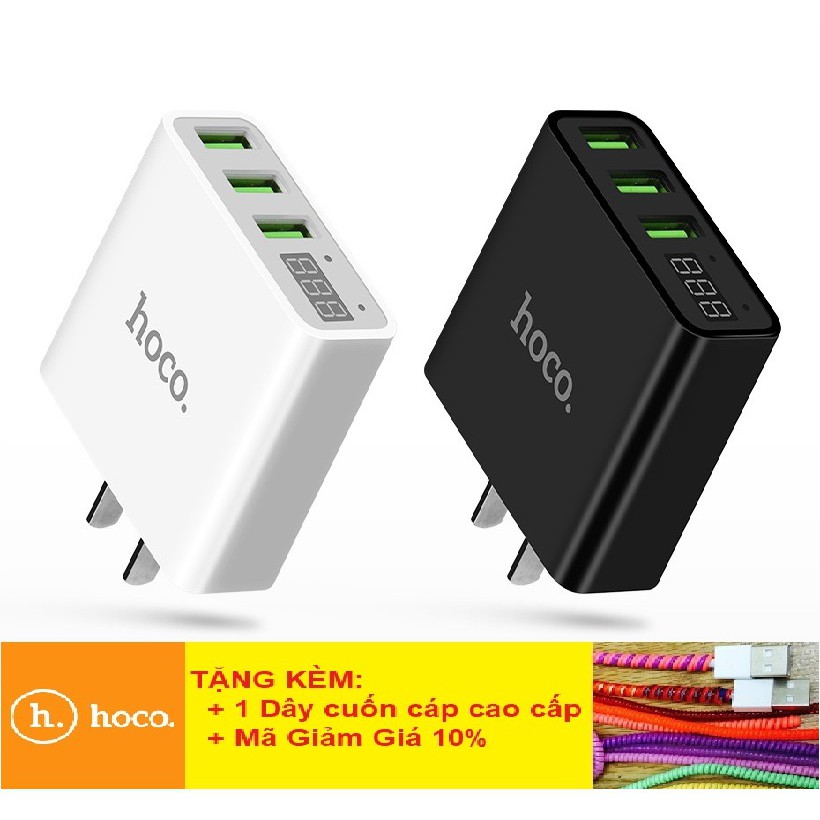 Sạc Điện Thoại FREESHIP Giảm 25K Khi Nhập [CAPSAC25K] Củ Sạc Hoco C15 3 USB - Màn Hình LCD - BH Chính Hãng 12 Tháng