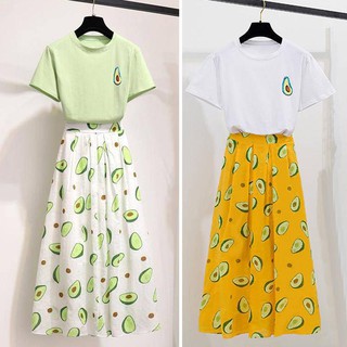 Set Áo Thun In Hình Trái Bơ + Chân Váy Xếp Ly Lưng Cao Thời Trang Cho Nữ