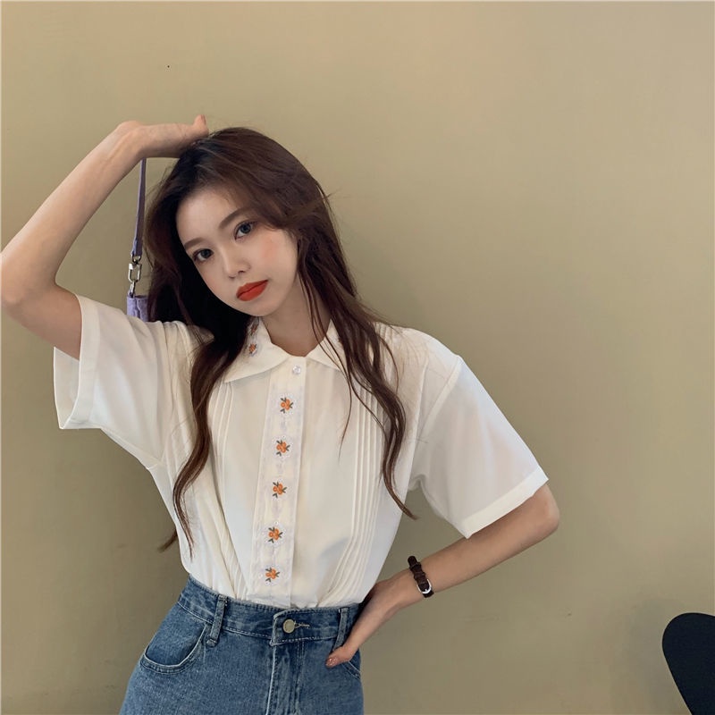 Áo Sơ Mi Tay Ngắn Thêu Hoa Thời Trang Mùa Hè Phong Cách Hàn Quốc Cho Nữ