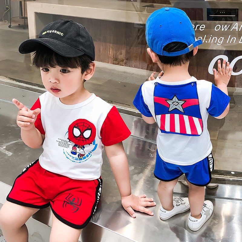 Bộ quần áo bé trai siêu nhân người nhện chất cotton gồm áo phông cộc tay và quần đùi cho bé trai từ 7 đến 18 kg