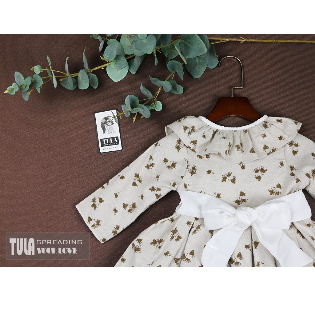 Váy Đầm Bé Gái Vải Thô Cào Bông Hàn Họa Tiết Hoa Nâu Thu Đông Cho Bé