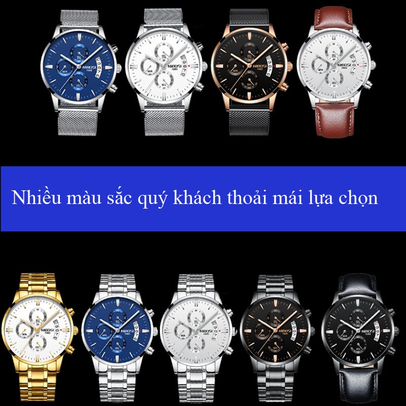 Đồng hồ nam đẹp Nibosi 1985 chính hãng cao cấp giá rẻ mặt tròn đeo tay dâY dây kim loại bé