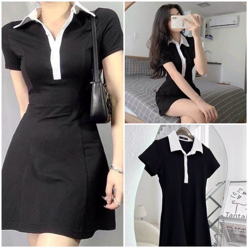 Váy Nữ Polo Cổ Đức Dáng Ôm, Váy Thun Cổ trắng Nữ Màu đen ,chất thun co dãn