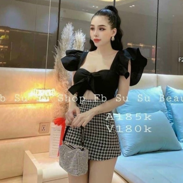 Áo kiểu croptop tay cánh tiên có mút cột nơ sau lưng nhún xinh xinh , chất kate mềm mát mk