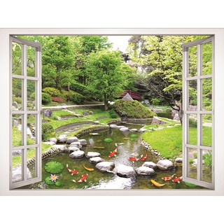 Tranh dán tường Khu vườn ao cá VT0377 phủ kim sa cao cấp