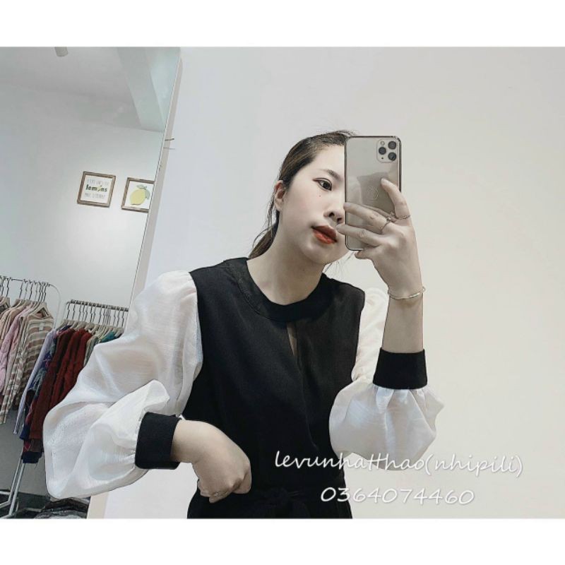 đầm đen midi xoè tay phối trắng mã 0402