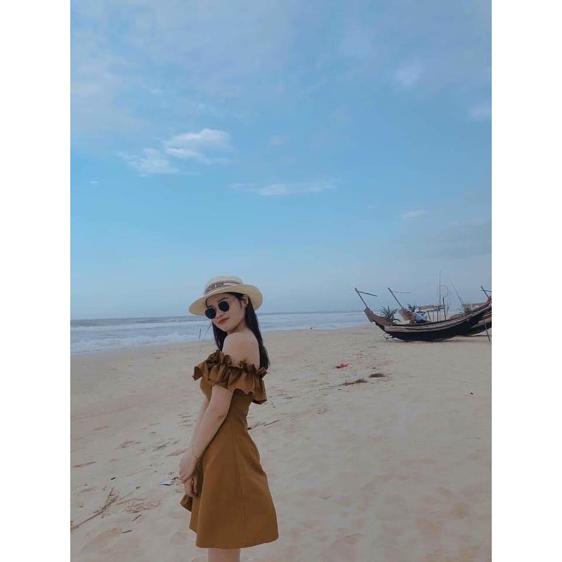 Đầm Trễ Vai Bèo Nâu Chất Thô Loại 1,Đầm Nữ Dáng Suông Bèo Ngực Tiểu Thư Ảnh Thật Kèm Video | BigBuy360 - bigbuy360.vn