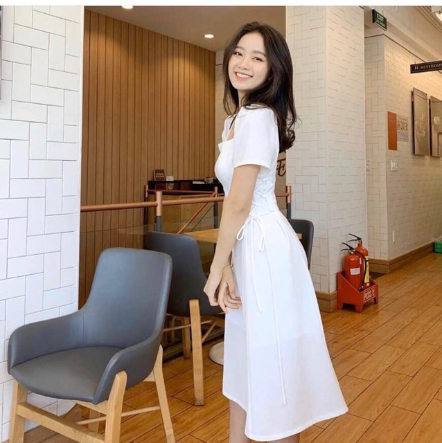 ĐẦM MIDI CỔ VUÔNG ĐAN DÂY EO TRẮNG/ĐEN/ĐỎ/KEM ( KÈM ẢNH THẬT)