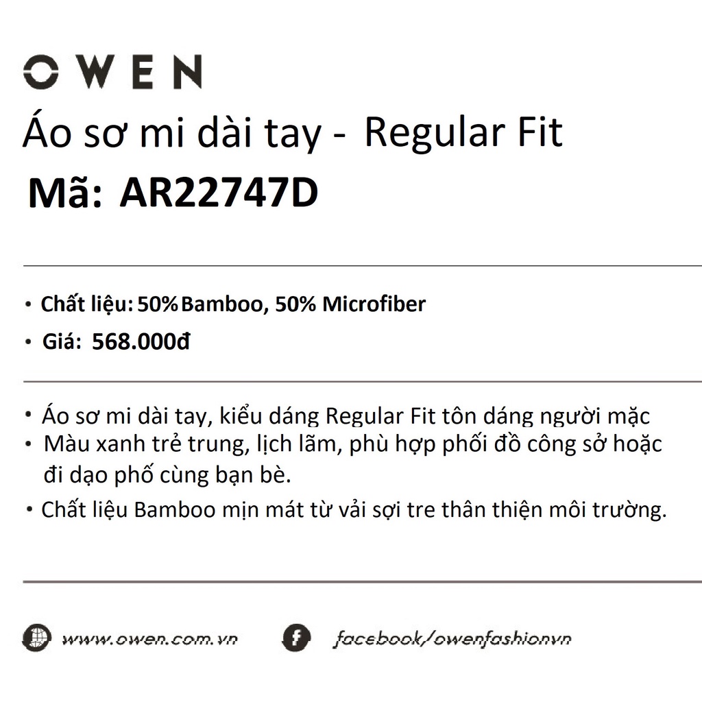 Áo Sơ Mi Nam Dài Tay Owen AR22747D Somi Công Sở Cao Cấp Màu Kẻ Caro Xanh Đậm Dáng Suông Không Túi Chất Sợi Tre Mềm Mát