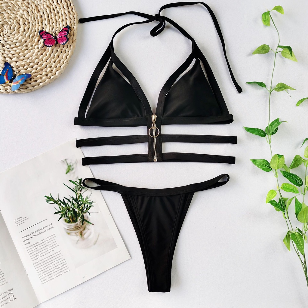 Bikini Cột Dây Phối Khoá Kéo Cho Phái Nữ