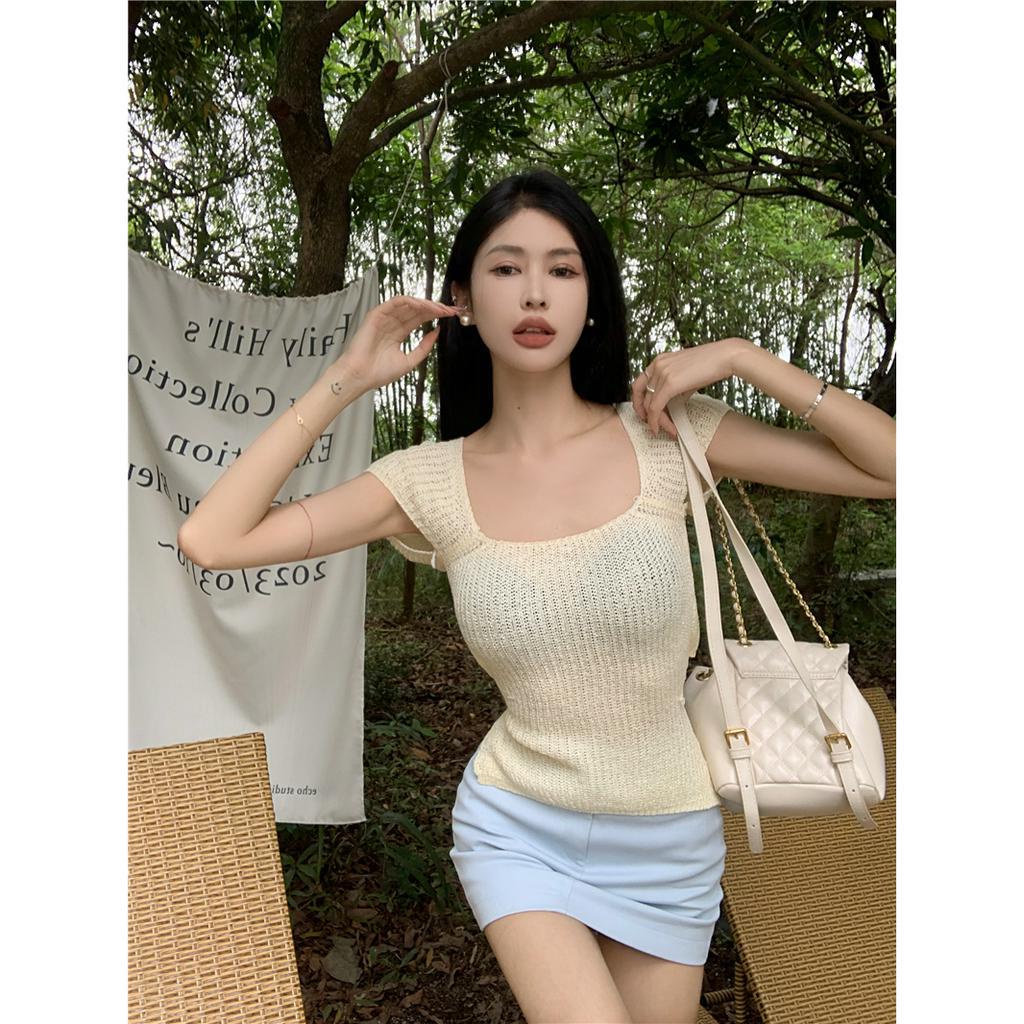 HUANG YOYO Áo Croptop Áo sweater Dệt Kim Cổ Vuông Tay Ngắn Dáng Ôm Thời Trang Mùa Hè Xinh Xắn Cho Nữ