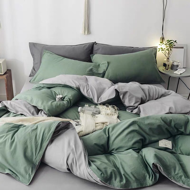 Bộ Chăn Ga Cotton TC Emmidecor xanh ôliu phối ghi