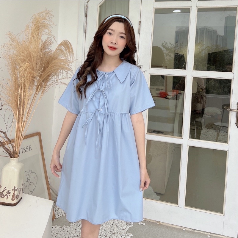 Váy Babydoll Xanh 3 Nơ Nữ - Đầm Trơn Cộc Tay Cổ Sơ Mi Thiết Kế Đơn Giản Cá Tính HOT TREND