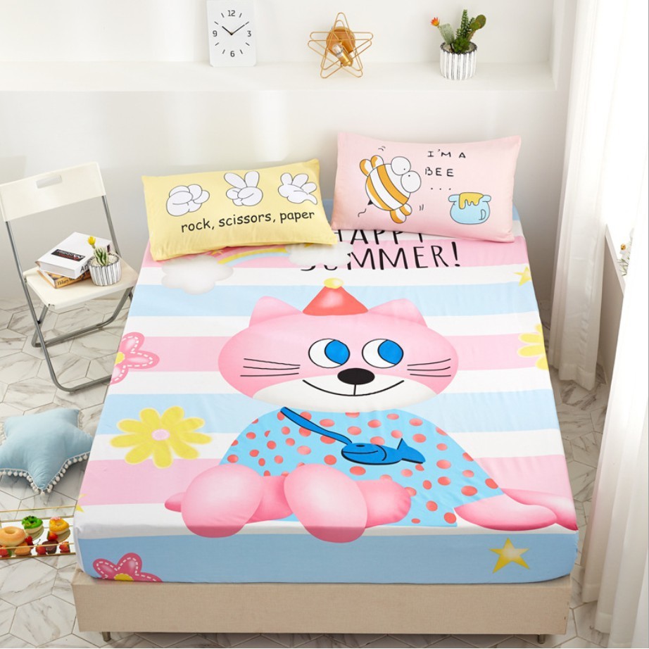 Bộ Ga Giường Kèm 2 Vỏ gối Cotton 3D Mẫu MÈO HỒNG Hoạ Tiết Cho Bé Yêu trungvbhp_shopalot2