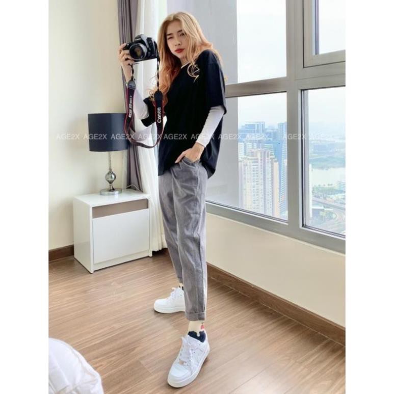 Quần baggy nữ AGE2X chất kaki phối sọc thun gân co giãn thoải mái hàng vnxk, vintage, trẻ trung | BigBuy360 - bigbuy360.vn