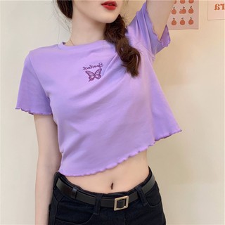 Áo len dệt kim nữ thêu hình ngắn tay mùa hè dáng croptop cổ tròn đẹp dễ thương xinh xắn