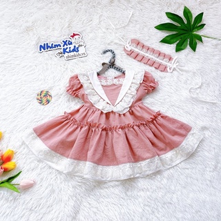 Váy hồng dolly pastel cho bé gái 4 đến 30kg, đầm bé gái chất đũi phối ren