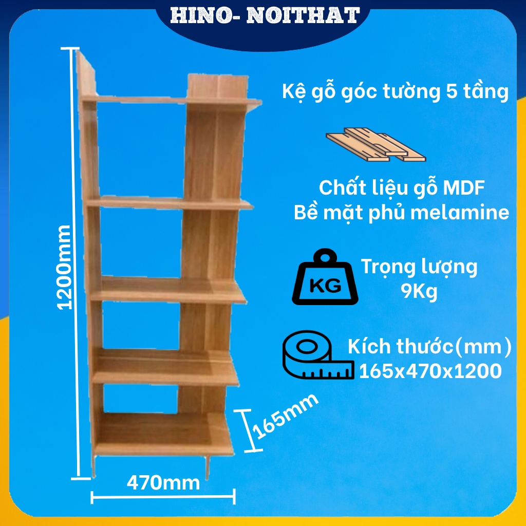 Kệ sách gỗ 5 tầng kệ góc tường đa dụng gỗ MDF