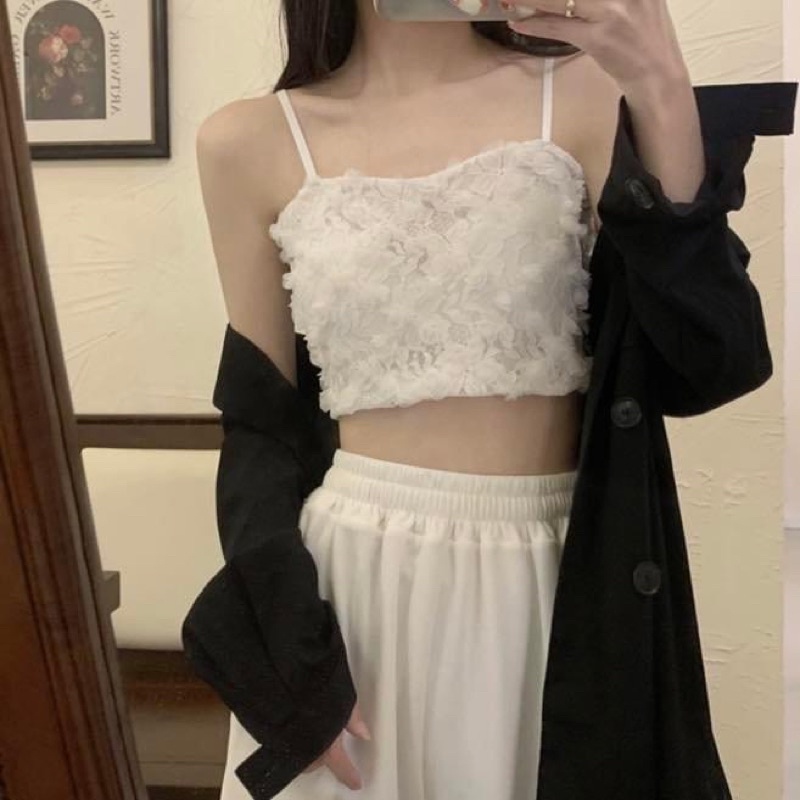 Áo kiểu hai dây bra có mút ngực croptop nữ phối ren hoa nổi - Order taobao quảng châu