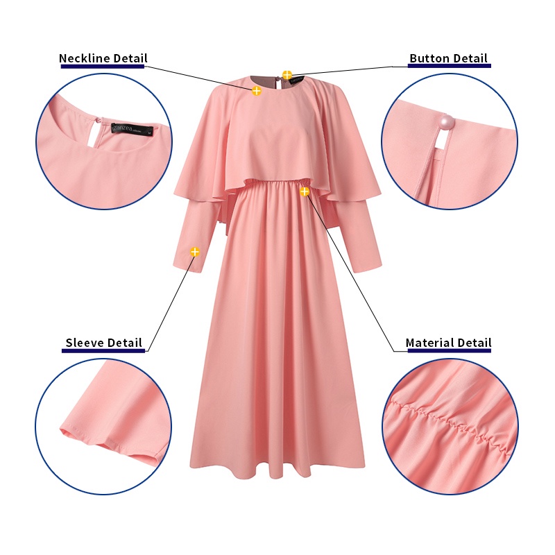 Đầm Dài Hai Lớp Eo Thun ZANZEA Cho Phụ Nữ Hồi Giáo