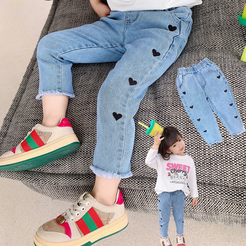Quần jeans dài in thêu họa tiết đáng yêu cho bé gái hàng QCCC