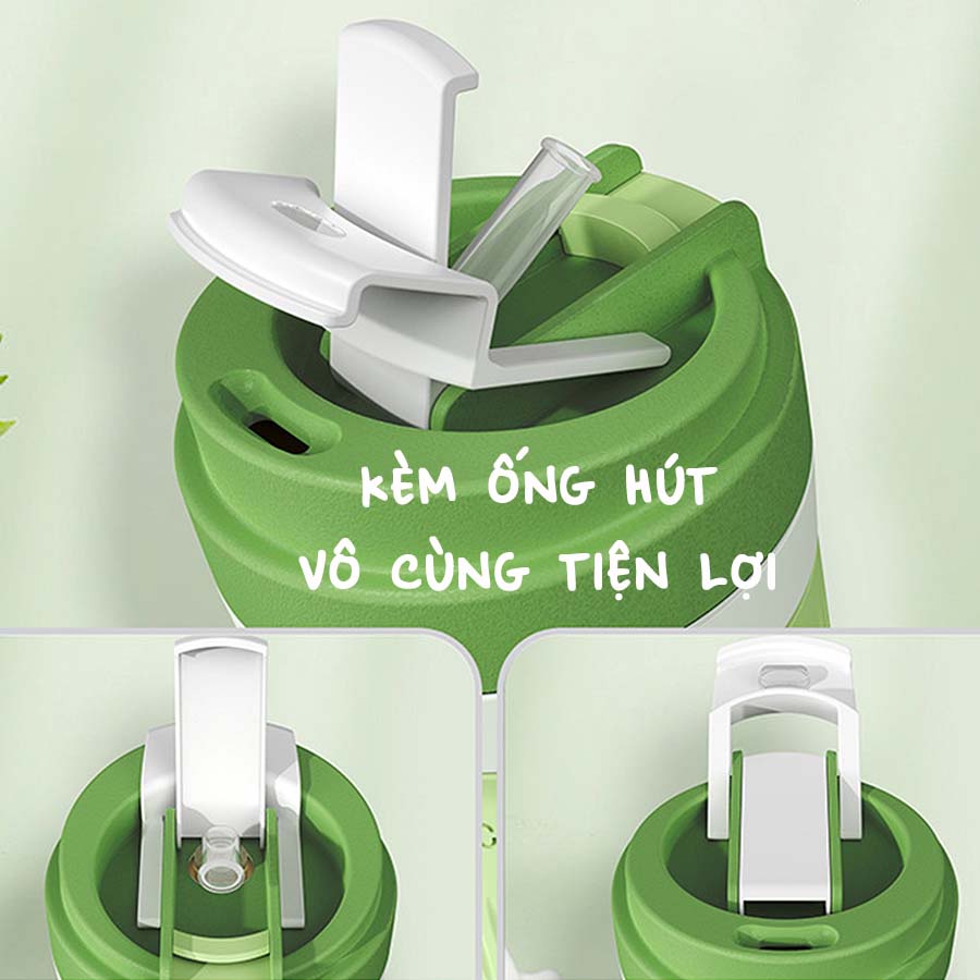 Bình Nước Thủy Tinh Bọc Silicone Kèm Ống Hút Nắp Bật Tiện Lợi Cho Bé, Người Lớn BTT007