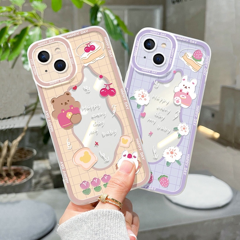 Casing For IPhone 13 Pro Max 12 11 ProMax Mini X Xs Xr 6 6s 7 8 Plus SE 2020 6+ 6s+ 7+ 8+ Xsmax 13Promax 12Promax 11Promax Cute Strawberry Cake Flowers Rabbit Bear Straight Edge Clear Cartoon best friend Soft Phone Case STD 21