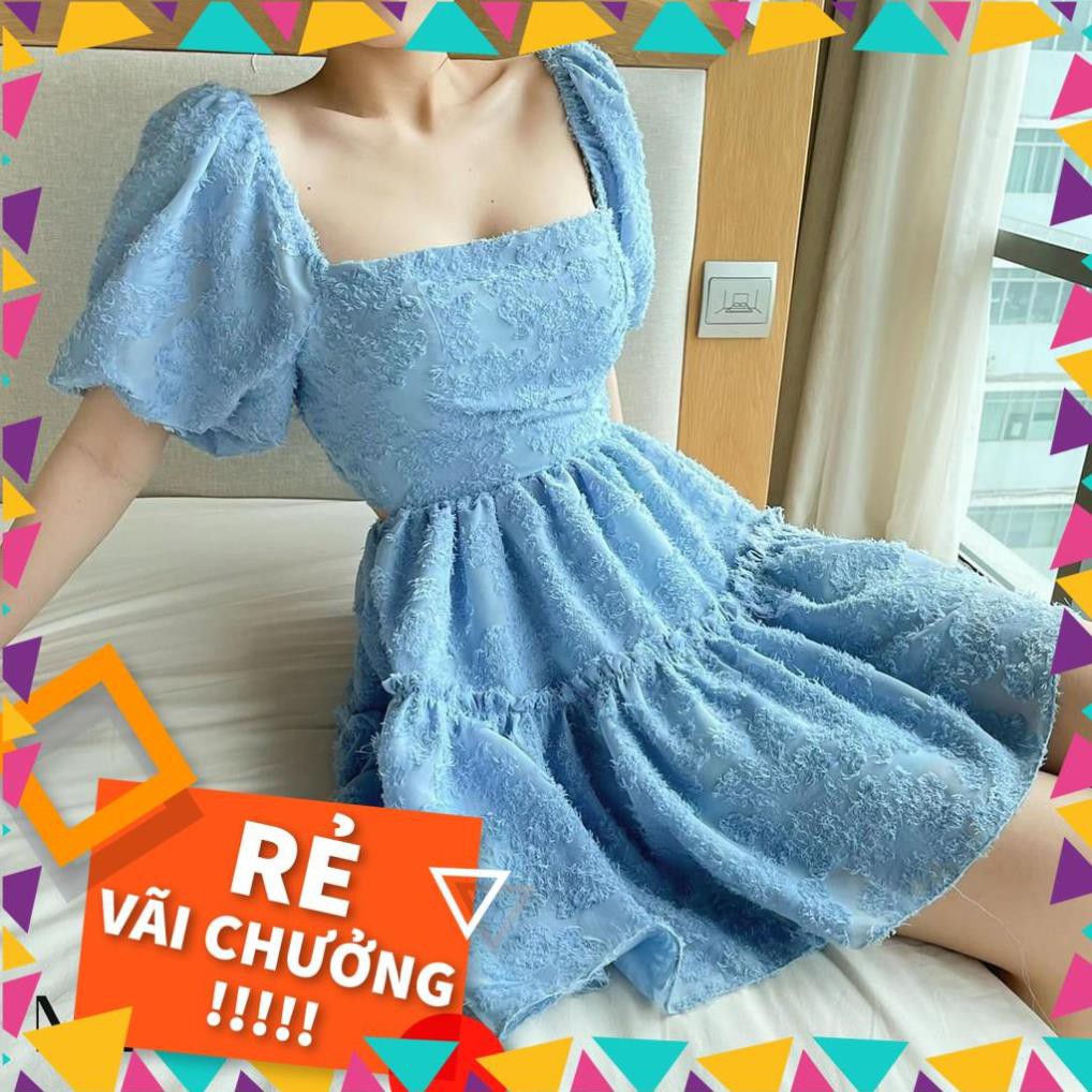 [SALE_SỐC_45%] VÁY ĐẸP HÈ 2021 - VÁY CỔ VUÔNG HỞ LƯNG - COTTON VỎ LÔNG VŨ - MÀU XANH -[THIẾT KẾ] [HOT] | BigBuy360 - bigbuy360.vn